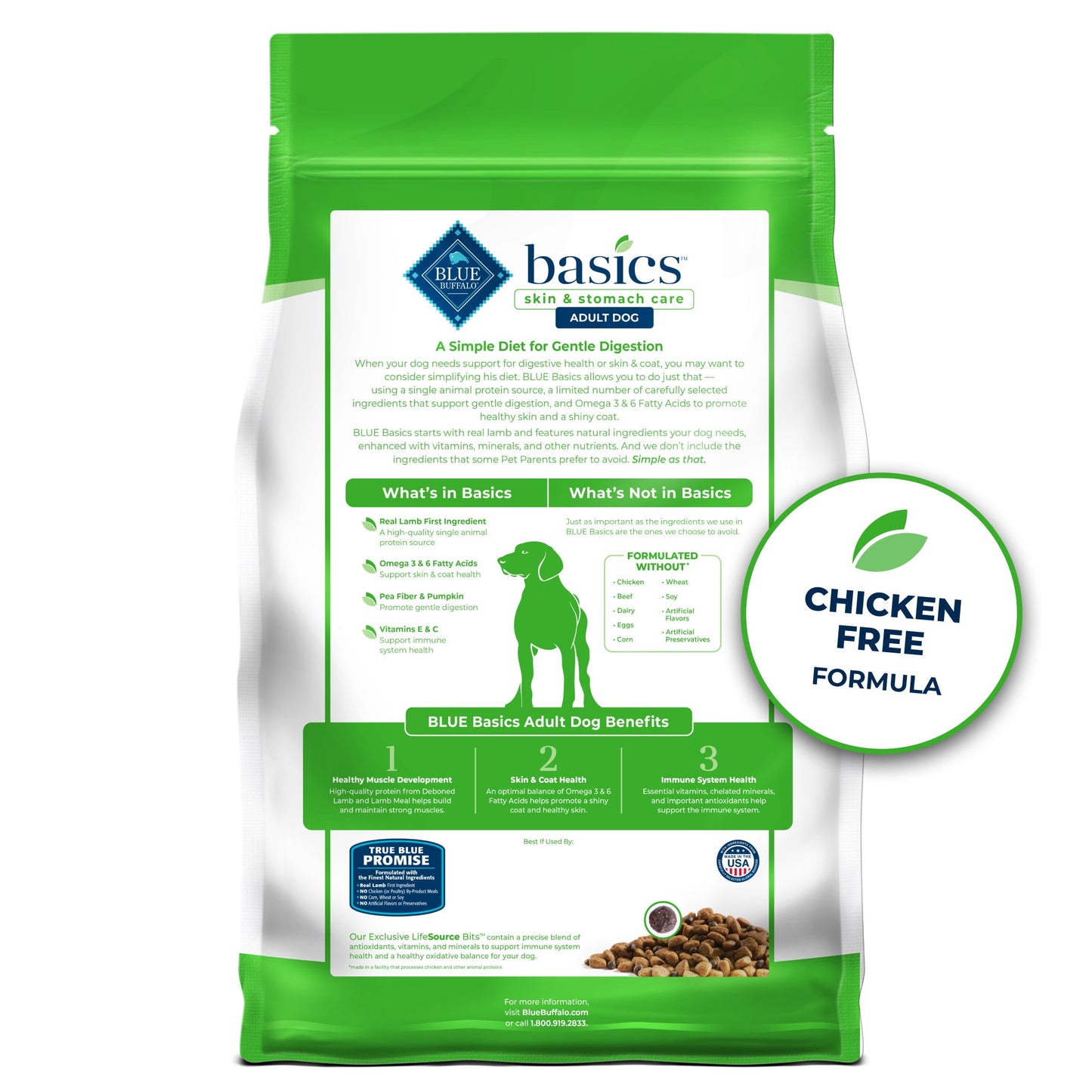 Blue Buffalo Basics Grain-Free Adult Dry Dog Food, Skin & Stomach Care, Limited Ingredient Diet for Dogs, Lamb Recipe, 11-lb Bag