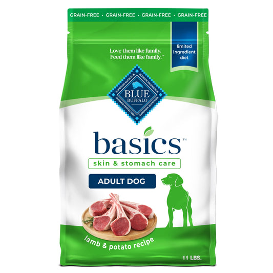 Blue Buffalo Basics Grain-Free Adult Dry Dog Food, Skin & Stomach Care, Limited Ingredient Diet for Dogs, Lamb Recipe, 11-lb Bag