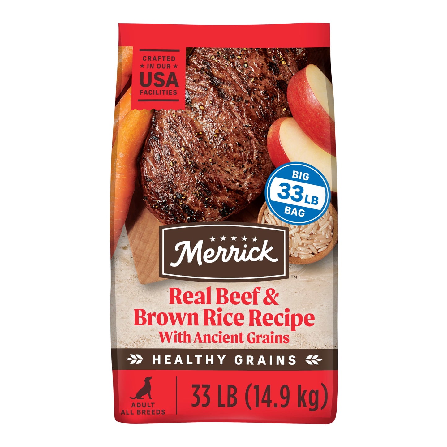 Merrick Healthy Grains Premium Adult Dry Dog Food, Wholesome And Natural Kibble With Beef And Brown Rice, 33.0 lb. Bag