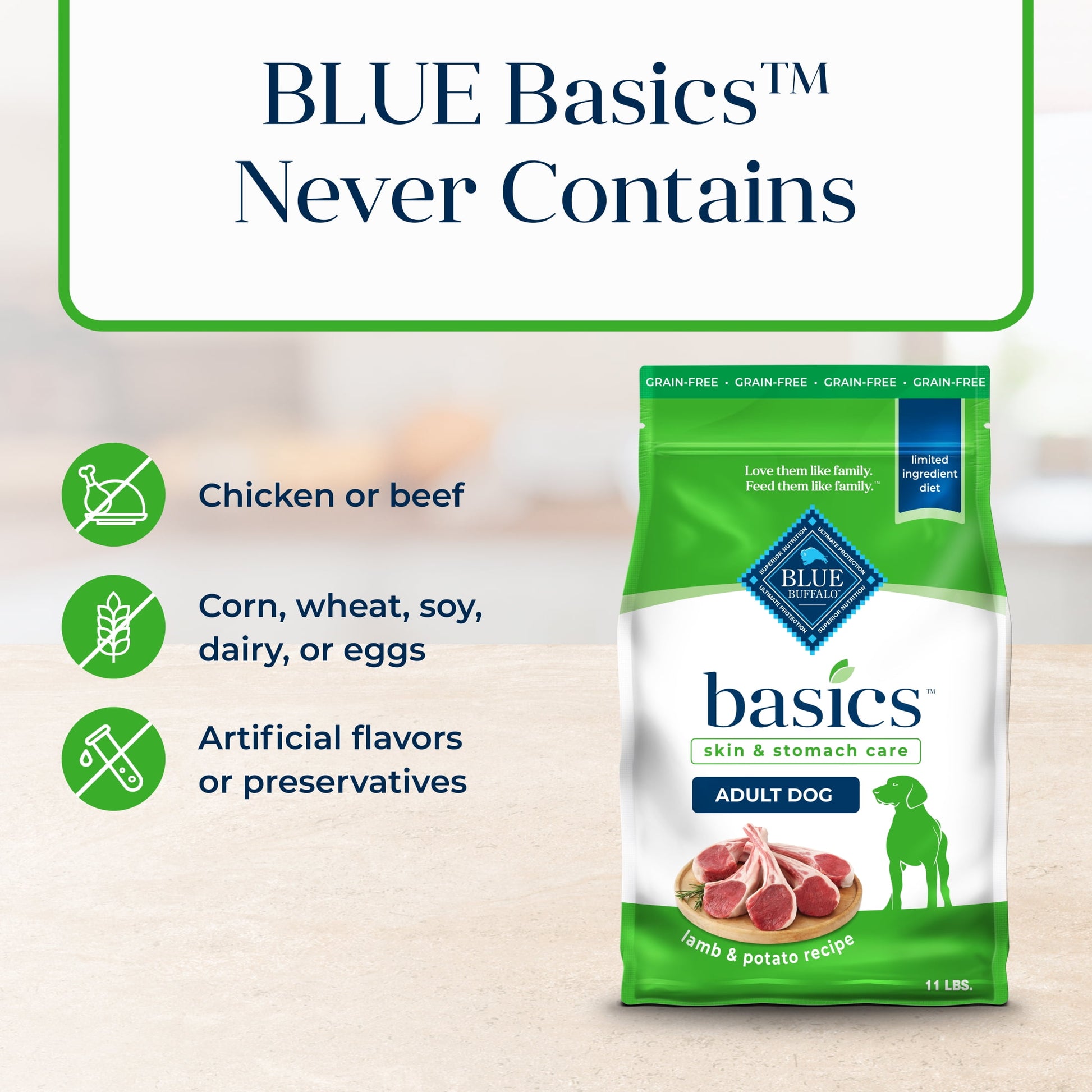 Blue Buffalo Basics Grain-Free Adult Dry Dog Food, Skin & Stomach Care, Limited Ingredient Diet for Dogs, Lamb Recipe, 11-lb Bag