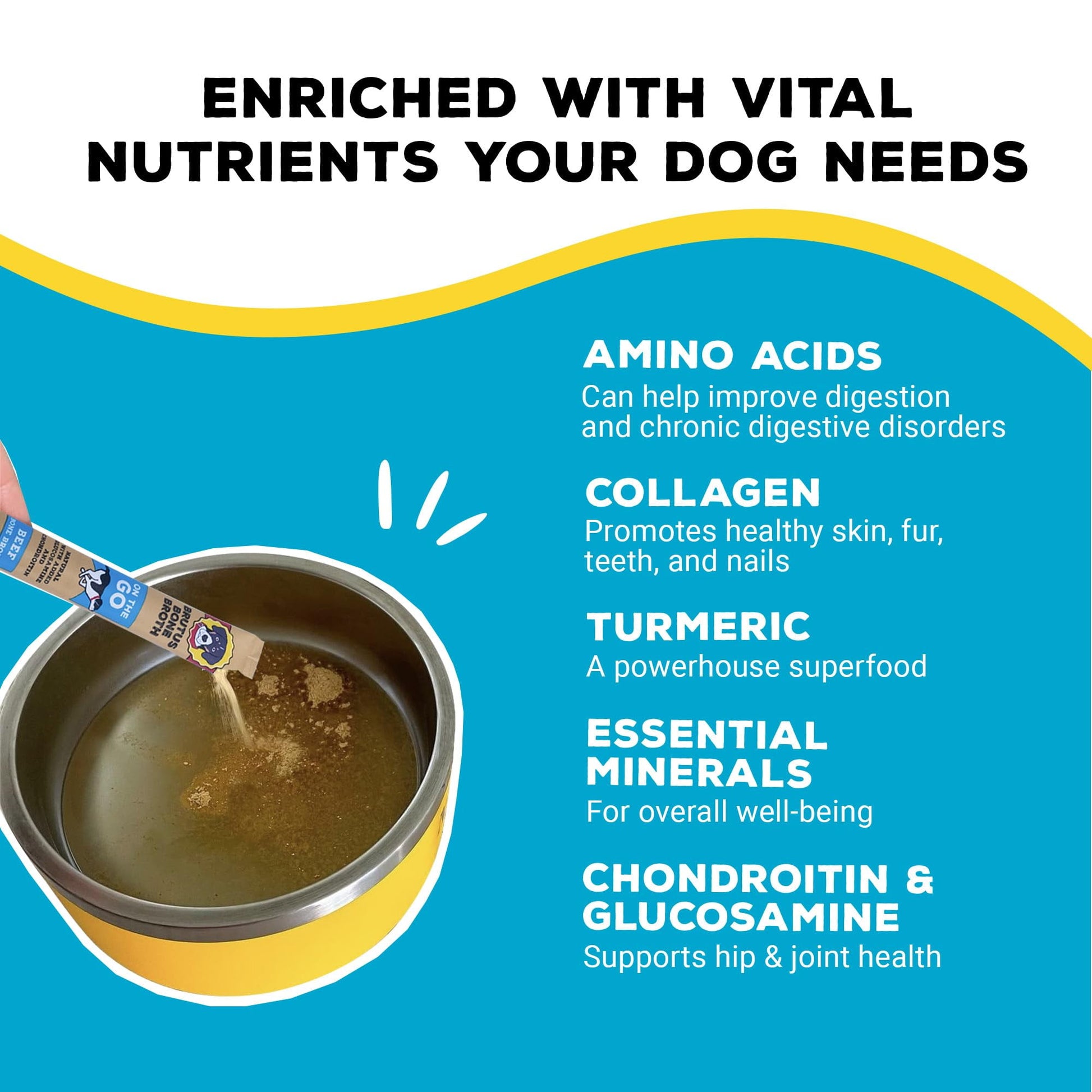 Brutus Broth Instant On The Go Powder for Dogs with Chondroitin Glucosamine & Turmeric - Pet Food Topper - Human Grade Dog Food Toppers for Dry Food & Picky Eaters - 5 Stick (Beef)